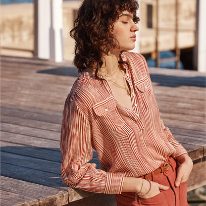 Amelie Blouse with Pockets in Red/Ecru Stripe