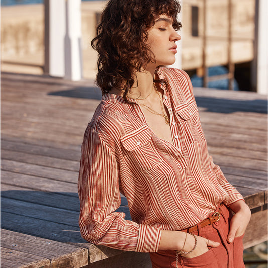 Amelie Blouse with Pockets in Red/Ecru Stripe