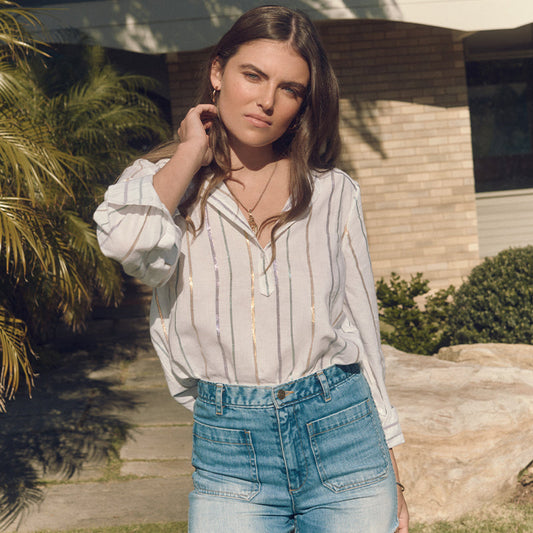 Amelie Blouse - Purple, Green & Gold Stripe