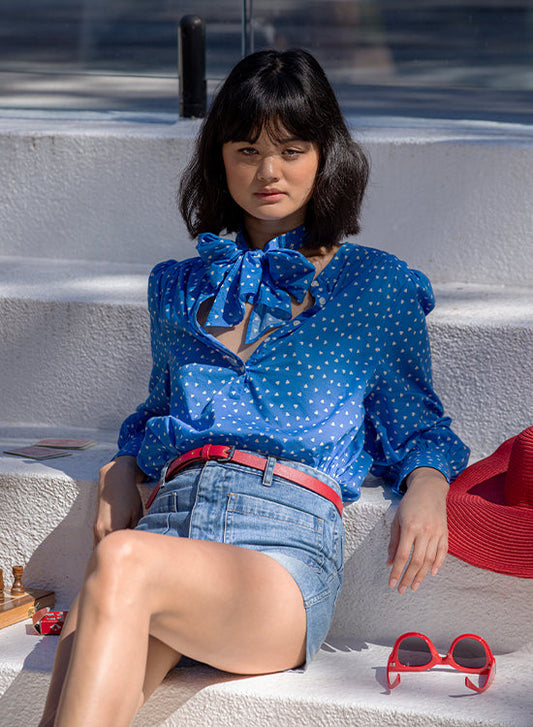 Je t'aime Blouse - Blue with Ecru Hearts