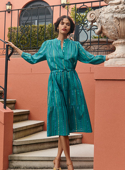 Simone Dress - Teal with Lurex Stripe