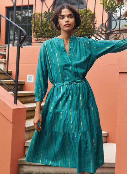 Simone Dress - Teal with Lurex Stripe