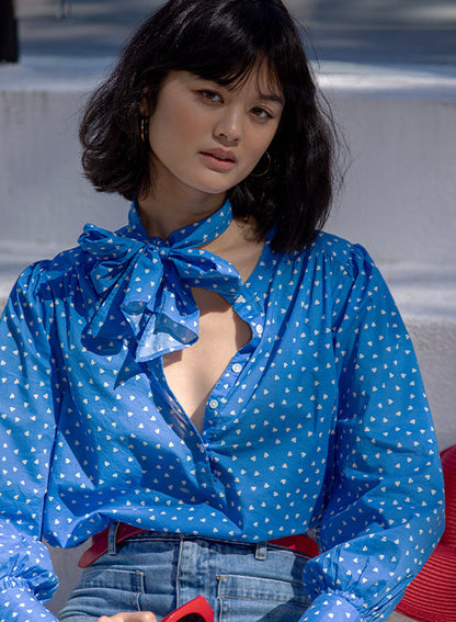 Je t'aime Blouse - Blue with Ecru Hearts