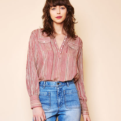 Amelie Blouse with Pockets in Red/Ecru Stripe