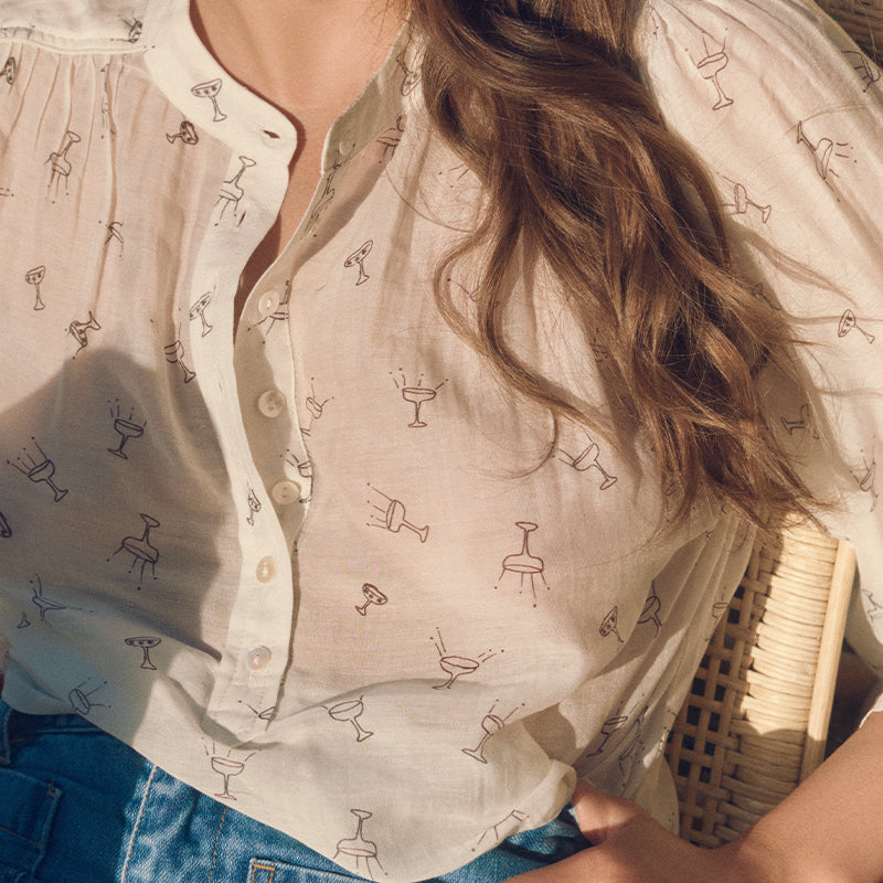 Ines Blouse in Salut Print / Ecru