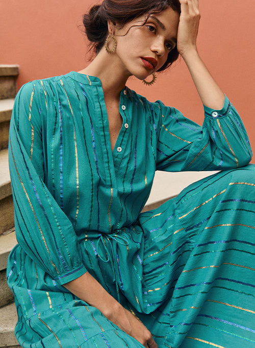 Simone Dress - Teal with Lurex Stripe
