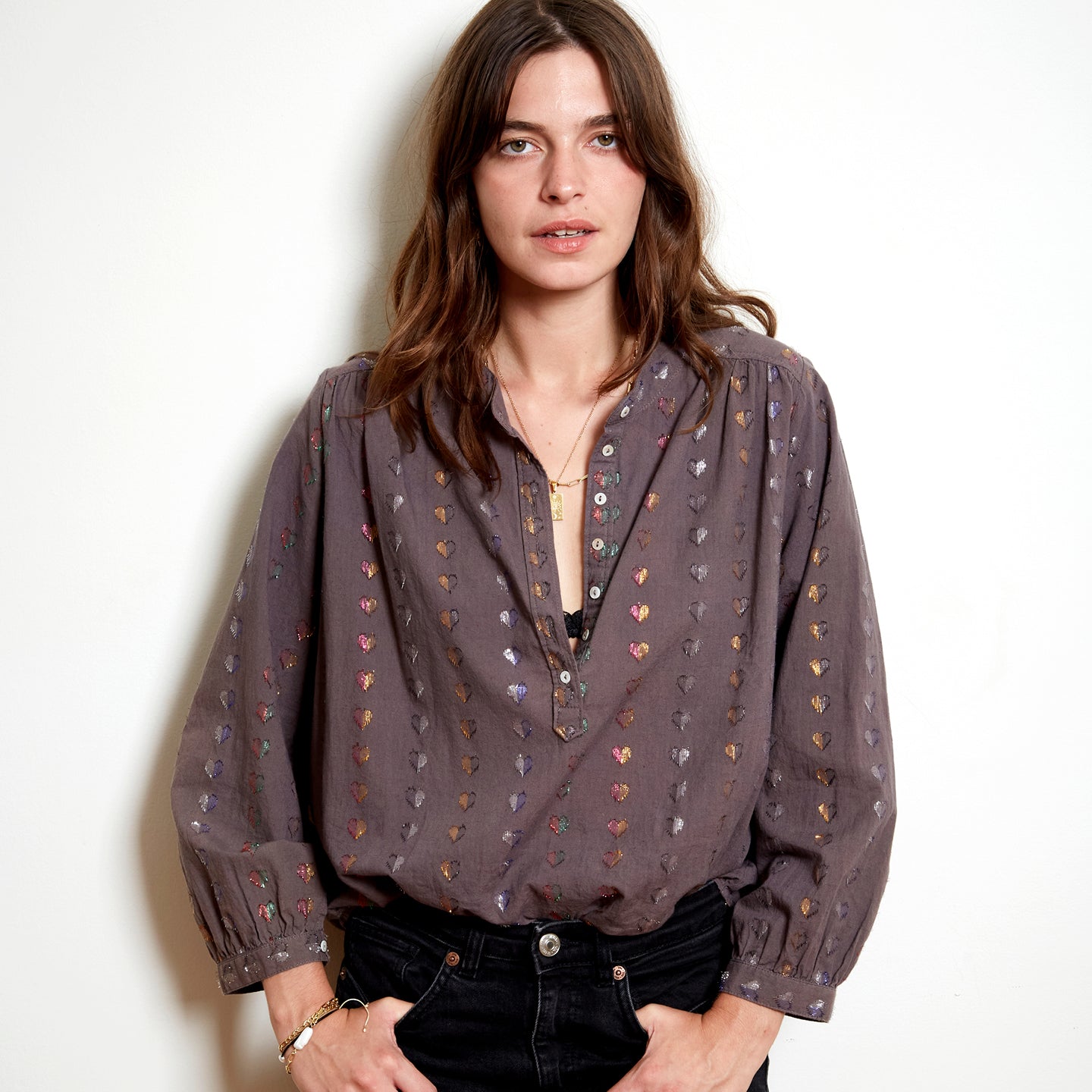 Ines Blouse with Coloured Hearts in Charcoal