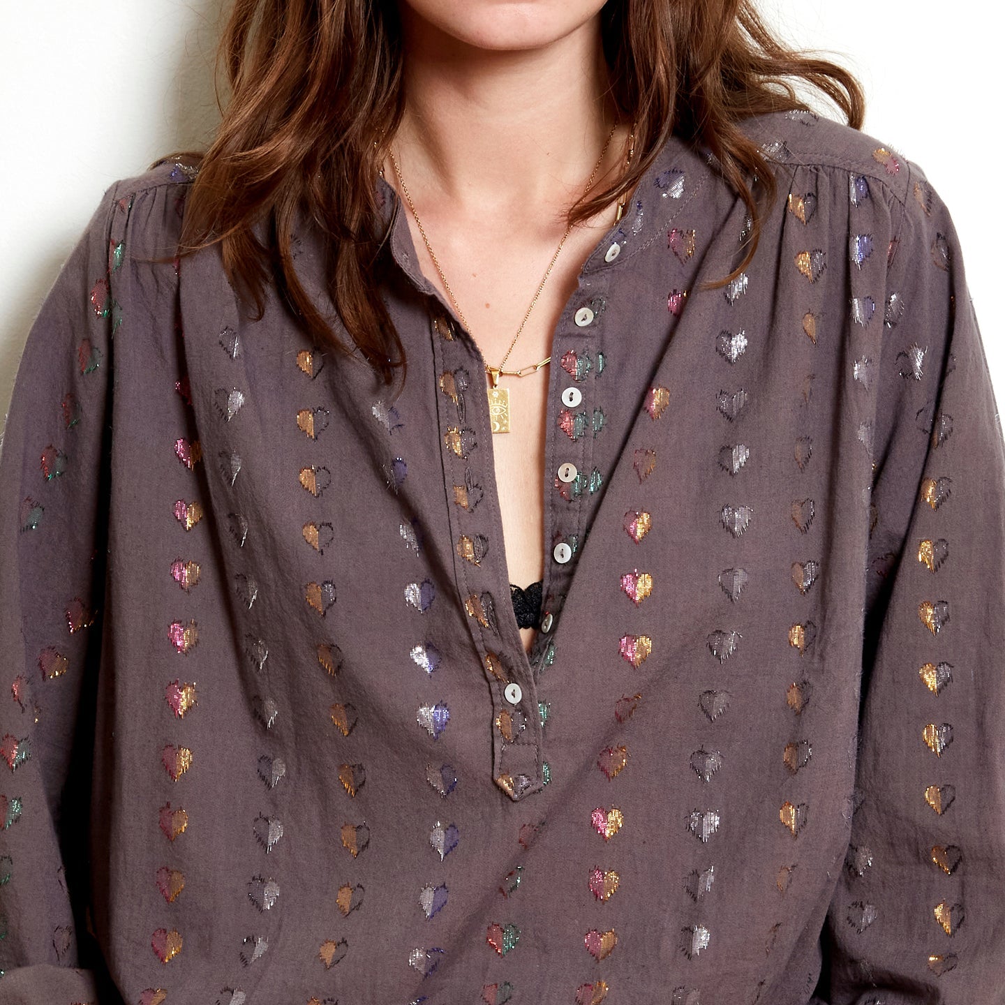 Ines Blouse with Coloured Hearts in Charcoal