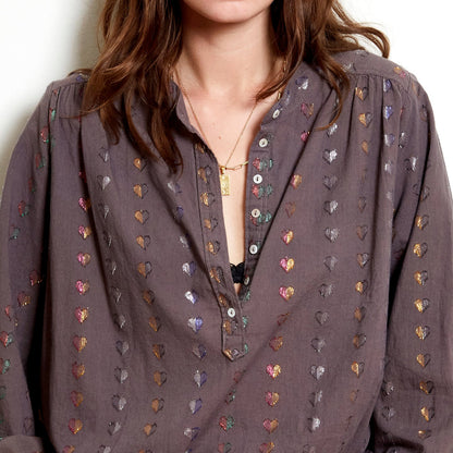 Ines Blouse with Coloured Hearts in Charcoal