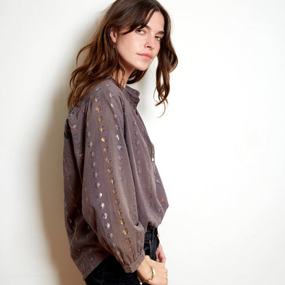 Ines Blouse with Coloured Hearts in Charcoal