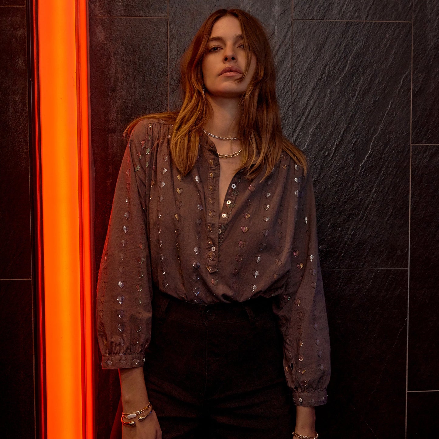 Ines Blouse with Coloured Hearts in Charcoal