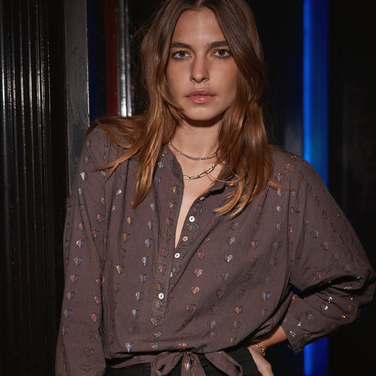 Ines Blouse with Coloured Hearts in Charcoal