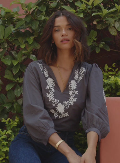 Mexican Embroidered Blouse - Slate Ecru